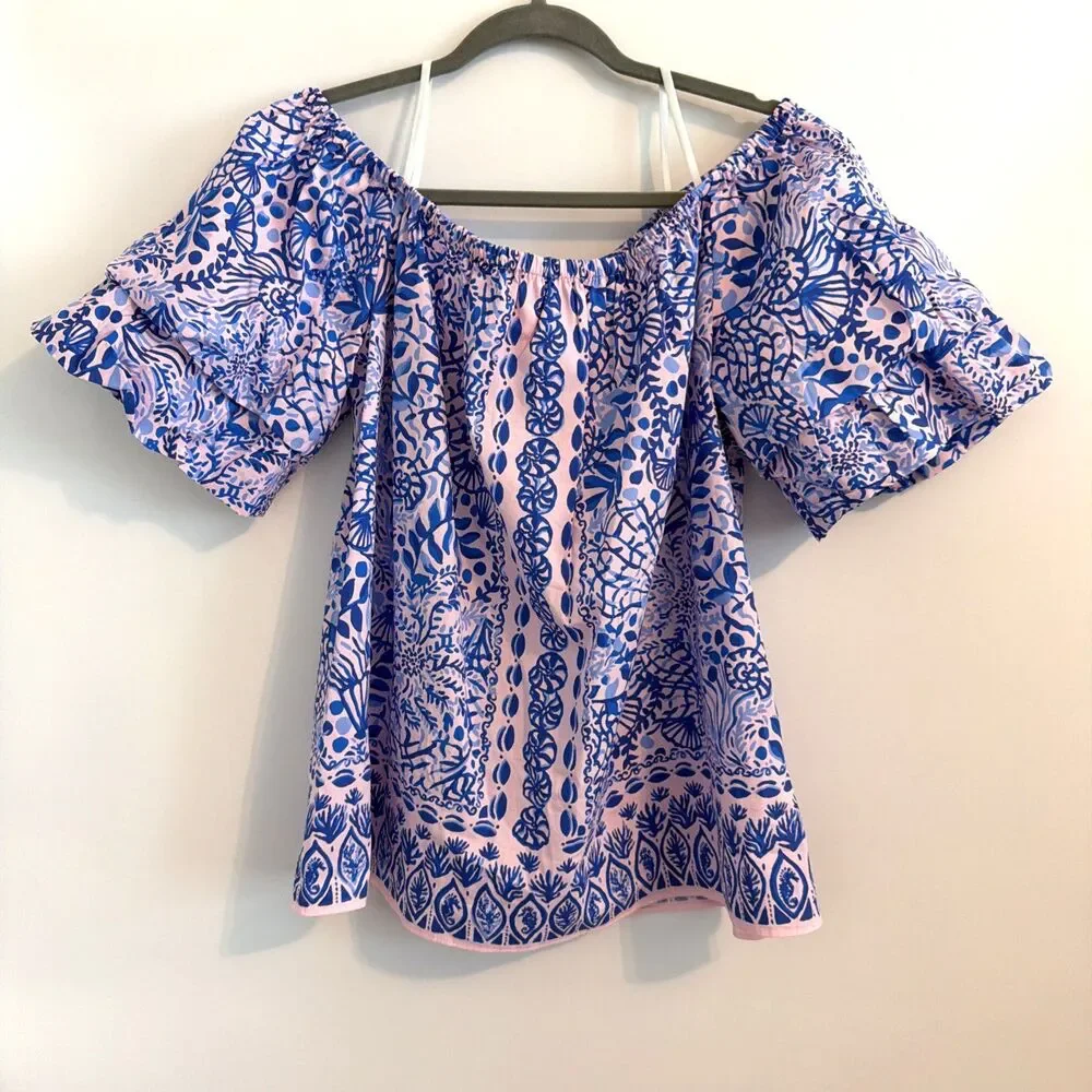 Lilly Pulitzer Off The Shoulder Top Sz XL Frankee Puff Sleeve Pink Blue Sea NWOT